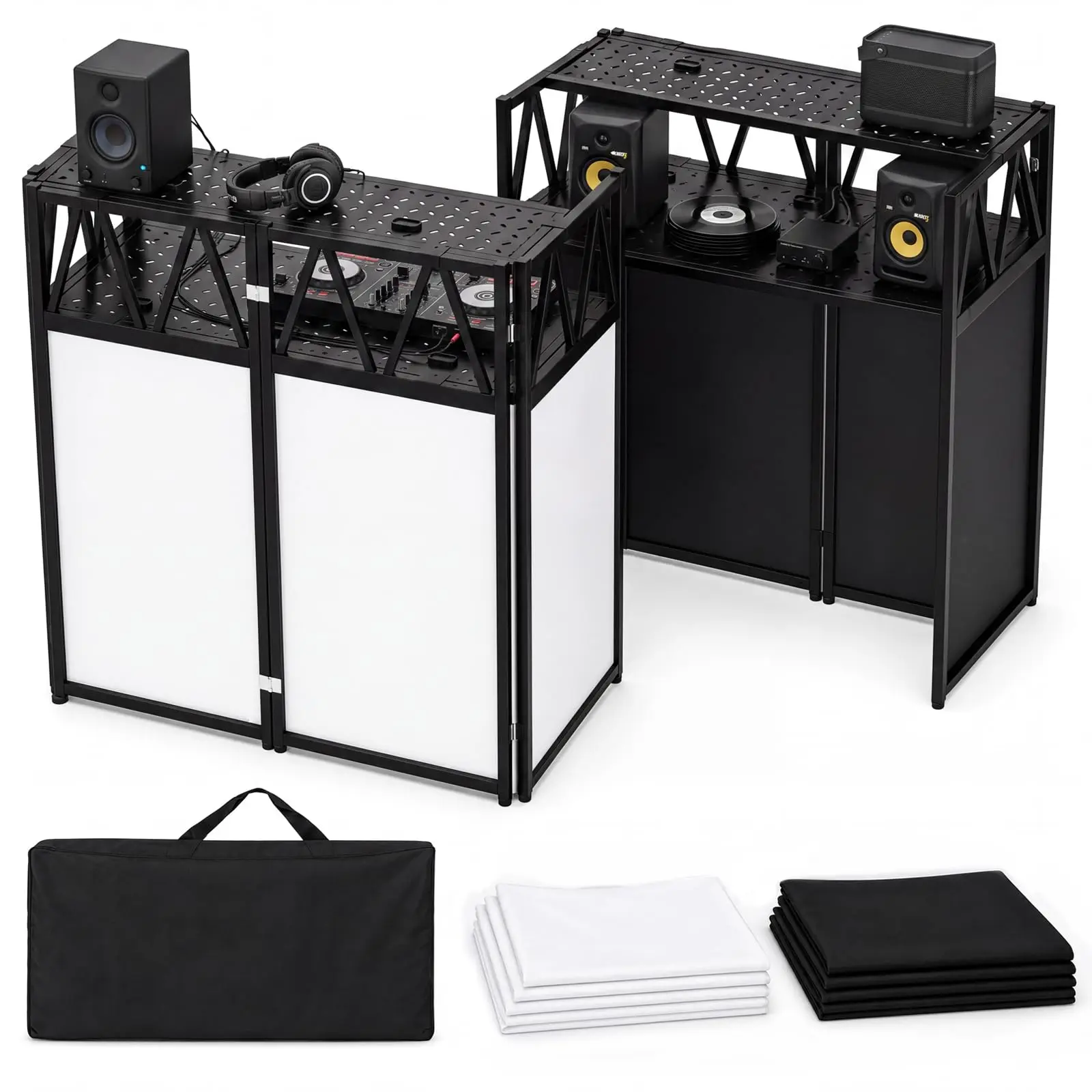 Portable DJ Booth Table 42 x 21 x 46 in, Foldable DJ Table Stand | Heavy Duty DJ Stand Booth with Black and White Cloth Panels, Carry Bag, Wide Setup Space for Events, Parties, Stages