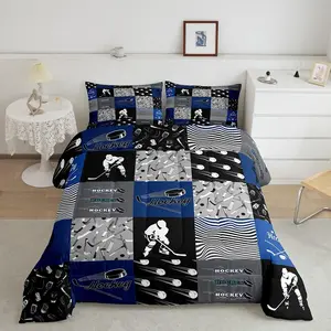 Ice Hockey Comforter Set for Boys Kids Teens,Bedroom Decor Sports Theme Quilt,Blue and Gray Hockey Bedding,Hockey Player Bedding Comforter