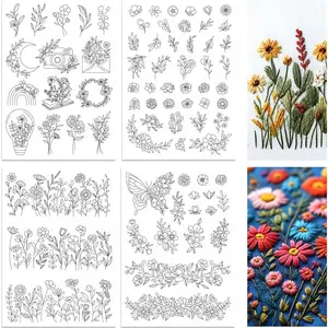 4 Sheets Water Soluble Embroidery Stabilizer, Flower Butterfly Wreath Stick and Stitch Paper, Pre-Printed Pattern for Hand Sewing Beginners
