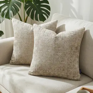 Ellalora Pack of 2 Striped Chenille Decorative Throw Pillow Covers, Soft Textured Jacquard Farmhouse Boho Cushion Covers for Sofa Couch Bedroom, 18x18 Inch No Insert Modern Tactile Design