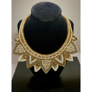 Vintage 1960s Beaded Statement Collar Necklace with Pearls Rhinestones & Gold Accents MCM Bib Jewelry Gift for Collectors