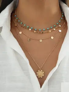 Vintage Fashion Multi-Layer Sequins Flower Pendant Design Turquoise Necklace Set, Punk Style Alloy Chain, All Seasons Jewelry Gift