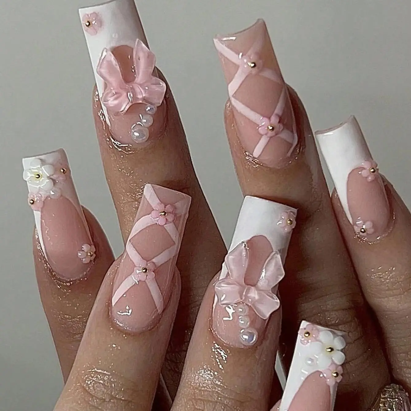 24PCS White French Tips Press on Nails Long Square Fake Nails with Pink Bow Charm Design 3D Rhinestones Flower False Nails