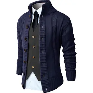 Mens Long Sleeve Stand Collar Cardigan Button Down Cable Knitted SweaterGift