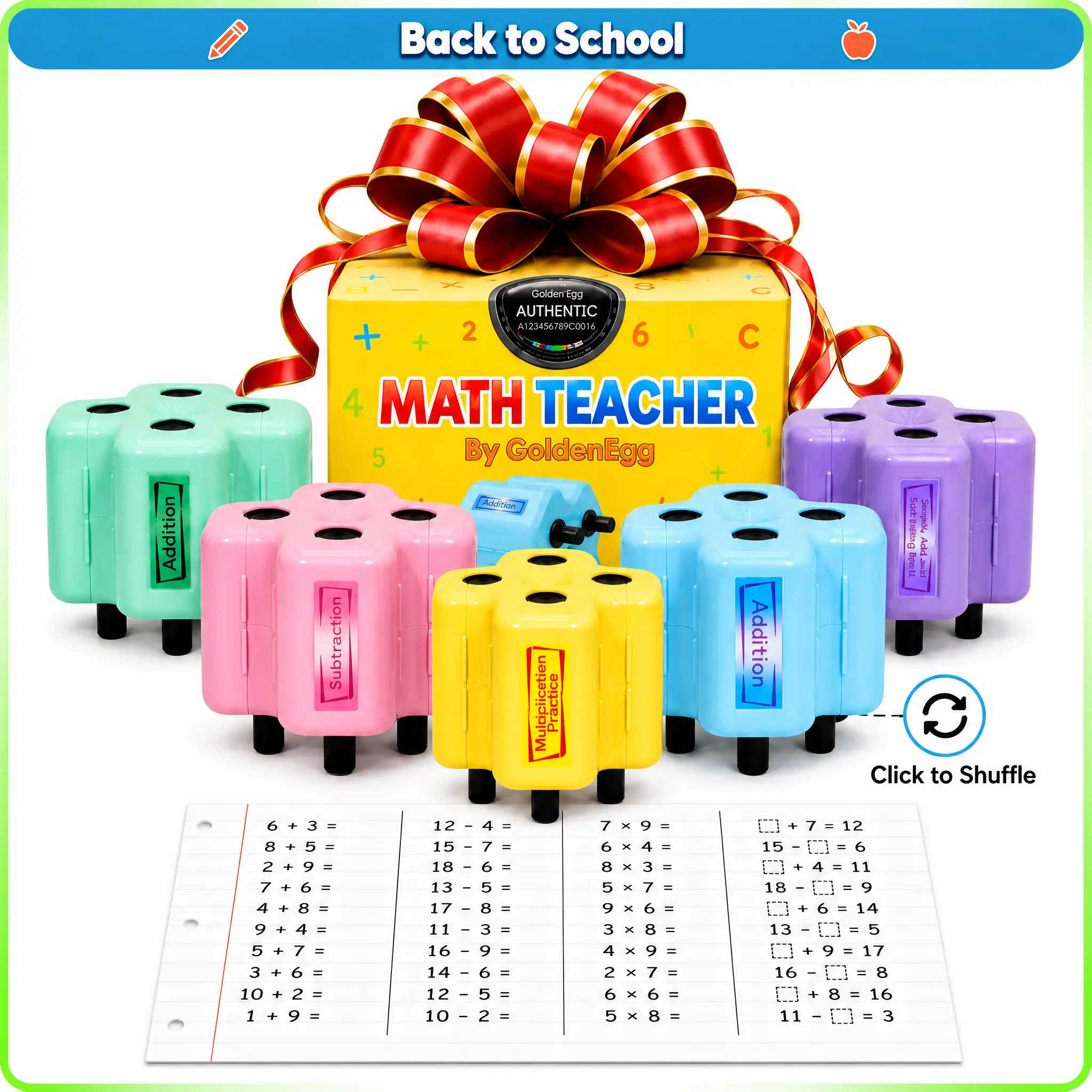 Math Teacher 4-in-1 Math Roller Stamp by GOLDENEGG [Free Grading App] | Addition Subtraction Multiplication Math Practice Tool | Math Learning Tools, Math Toys for Kids Ages 5-9, 1st 2nd 3rd Grade | Screen-Free Back to School Supplies, Homeschool