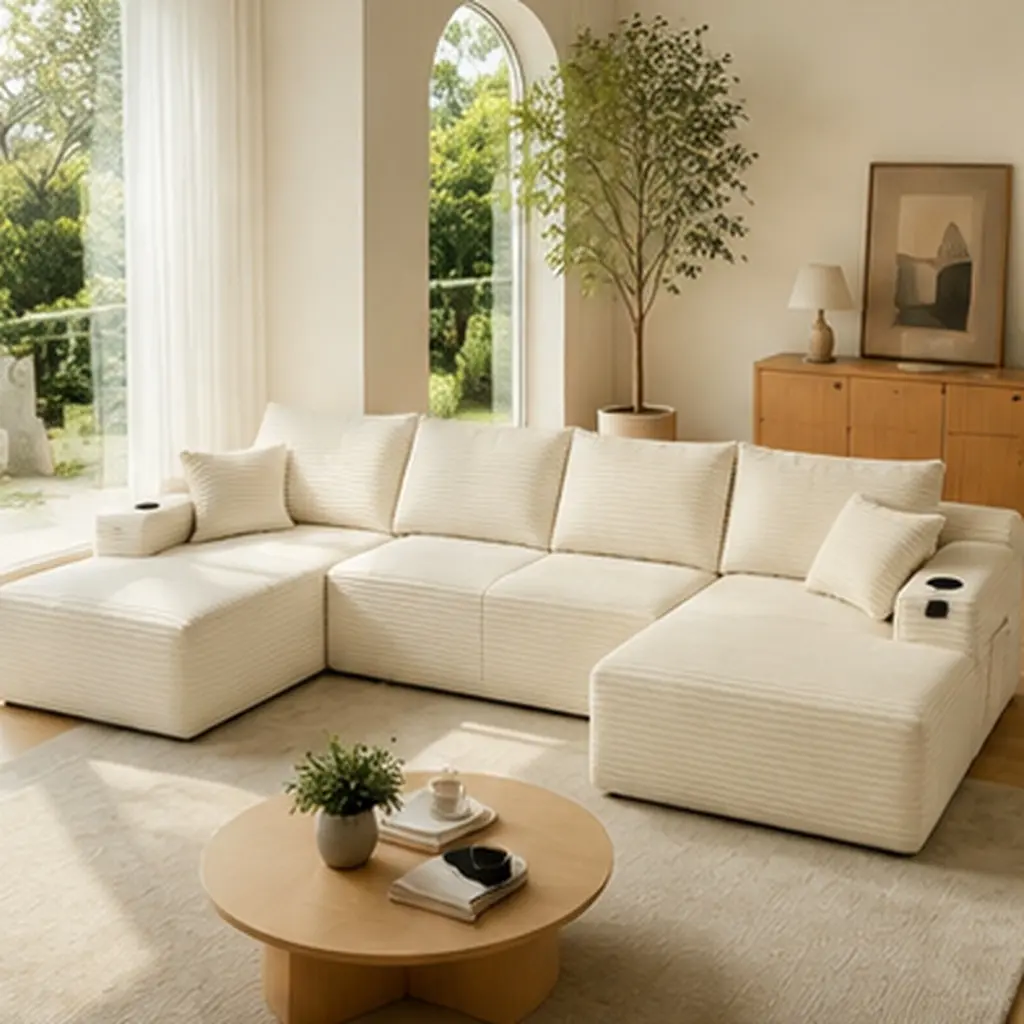 133" Cloud Sectional Sofa U-Shape Chaise with Side Pockets Cup Holder, Modern Modular Corduroy Couch, Deep Seating 5-Seat Upholstered Living Room Furniture, No Assembly Required, Beige, Beige Color Options, Fabric/Foam+Spring Material