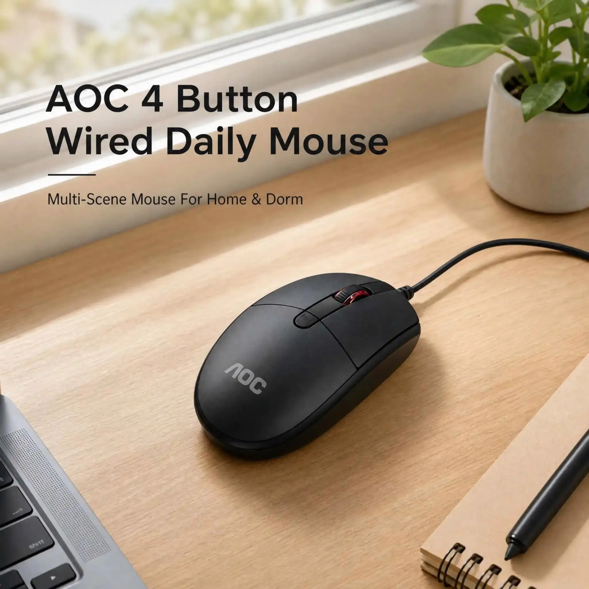 AOC High Durability Wired Optical Mouse, Classic Black Appearance, 4 Keys Design, 1200/1600/2000 DPI Speed Switch,  Long-Lasting 3 Million Clicks Lifespan, Ergonomic  Compact Mice For Business Staff, Learners And Casual Gamers