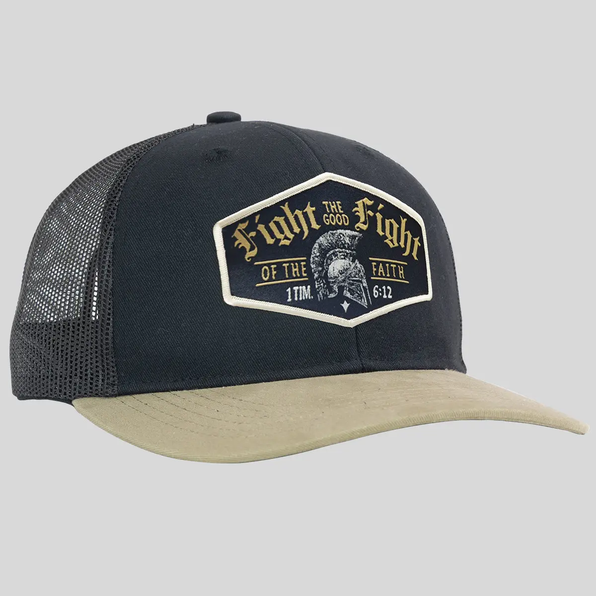 Kerusso Christian Men’s Cap - Male Rugged Look 6-Panel Mid-Rise Fit, One Size Fits Most, Casual Breathable Back Visor Hat, Biblical "Fight The Good Fight" Text Patch, Daily Wear