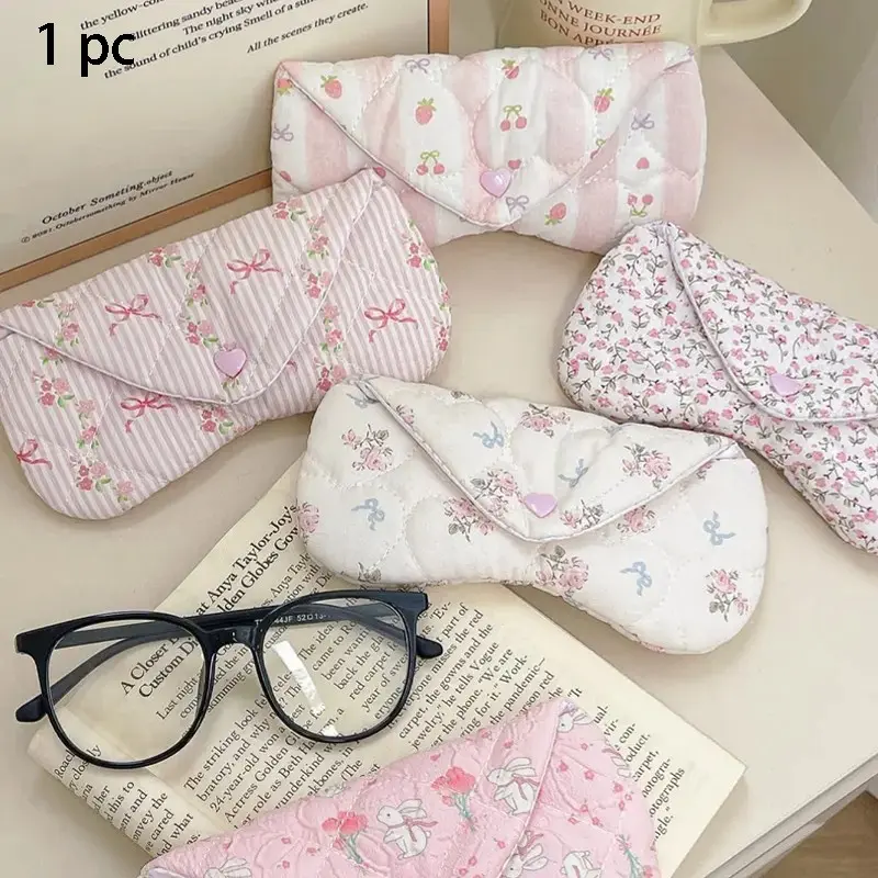 Quilted Floral Soft Glasses Case with Heart Snap Button, Glasses Storage