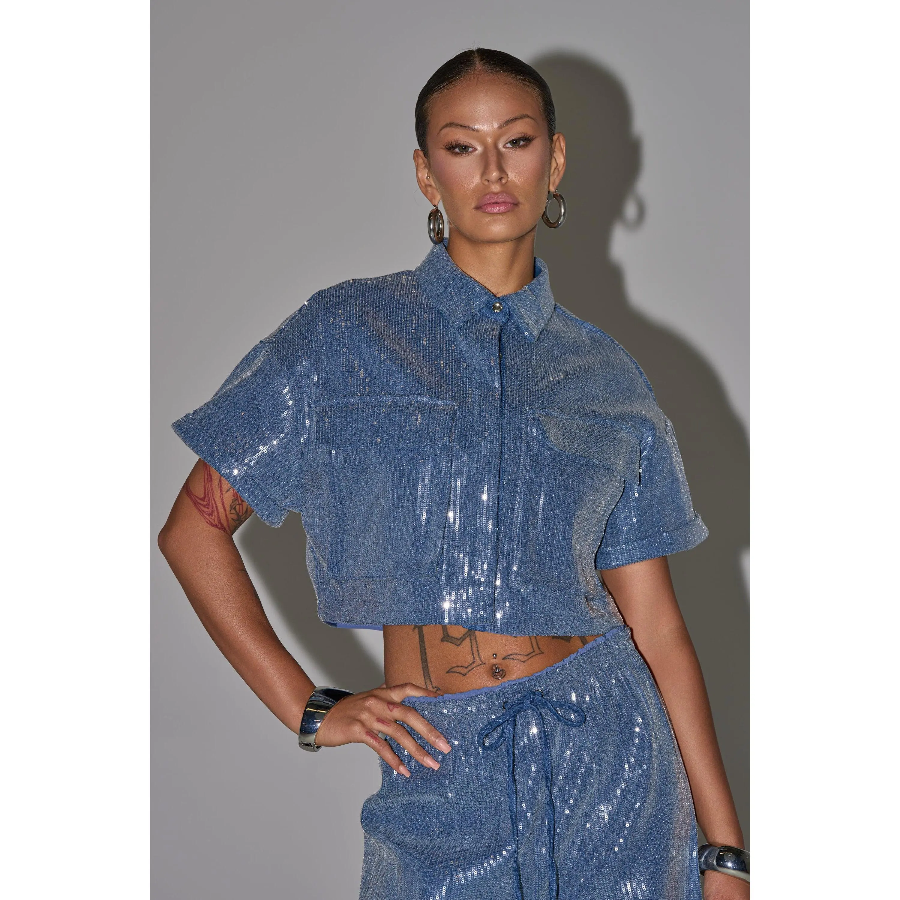 SHAKE IT GIRL SEQUIN BUTTON DOWN