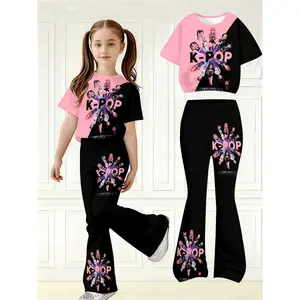 Girls' 2pcs Short-sleeved Top and Flared Pants Set, Suitable for Teenagers as Casual Wear. Adorable Style and Lively Design, Perfect for Both Indoor and Outdoor Wear., Perfect for Outdoor