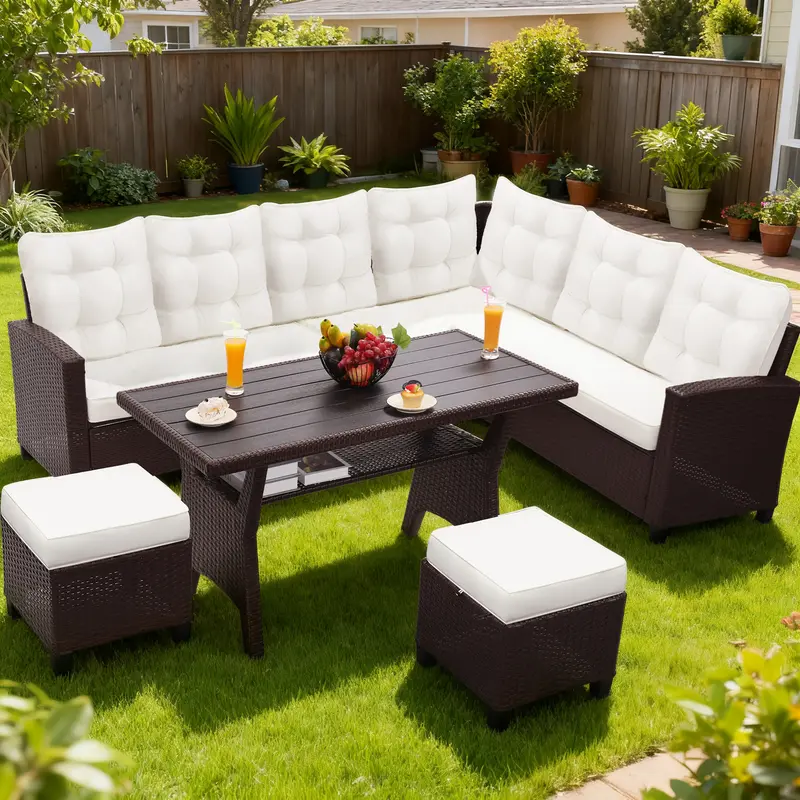 Viral Patio Pick! 6 Piece All Weather Wicker Set , Sectional Sofa Dining Chairs , Table , Cozy Outdoor Lounge for Poolside Hangouts, Friend Gatherings and Sunset Drinks , Durable Black Cushions
