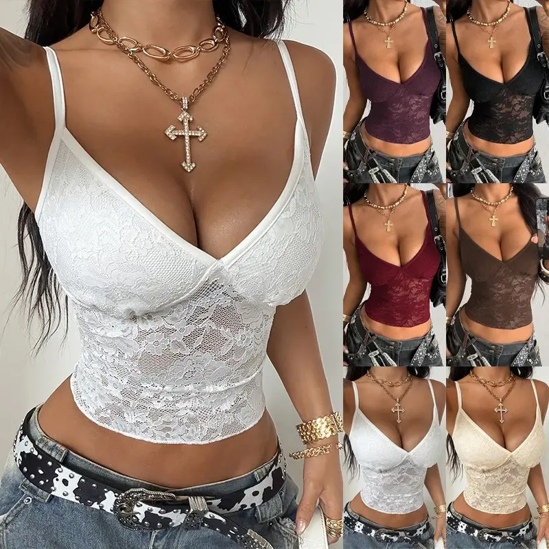 FEITAI Women's Fit Black/Brown/Hot Pink Street Style Lace Patchwork Camisole - Chic Going-Out Tank Top, Versatile Womenswear Apparel