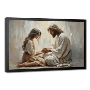 Modern Christian Comfort Canvas Print, Jesus Holding Woman's Hands Wall Art, Neutral Religious Bible Poster, Decor for Living Room, Bedroom, Church, Prayer Room, Nursery, Christian Home