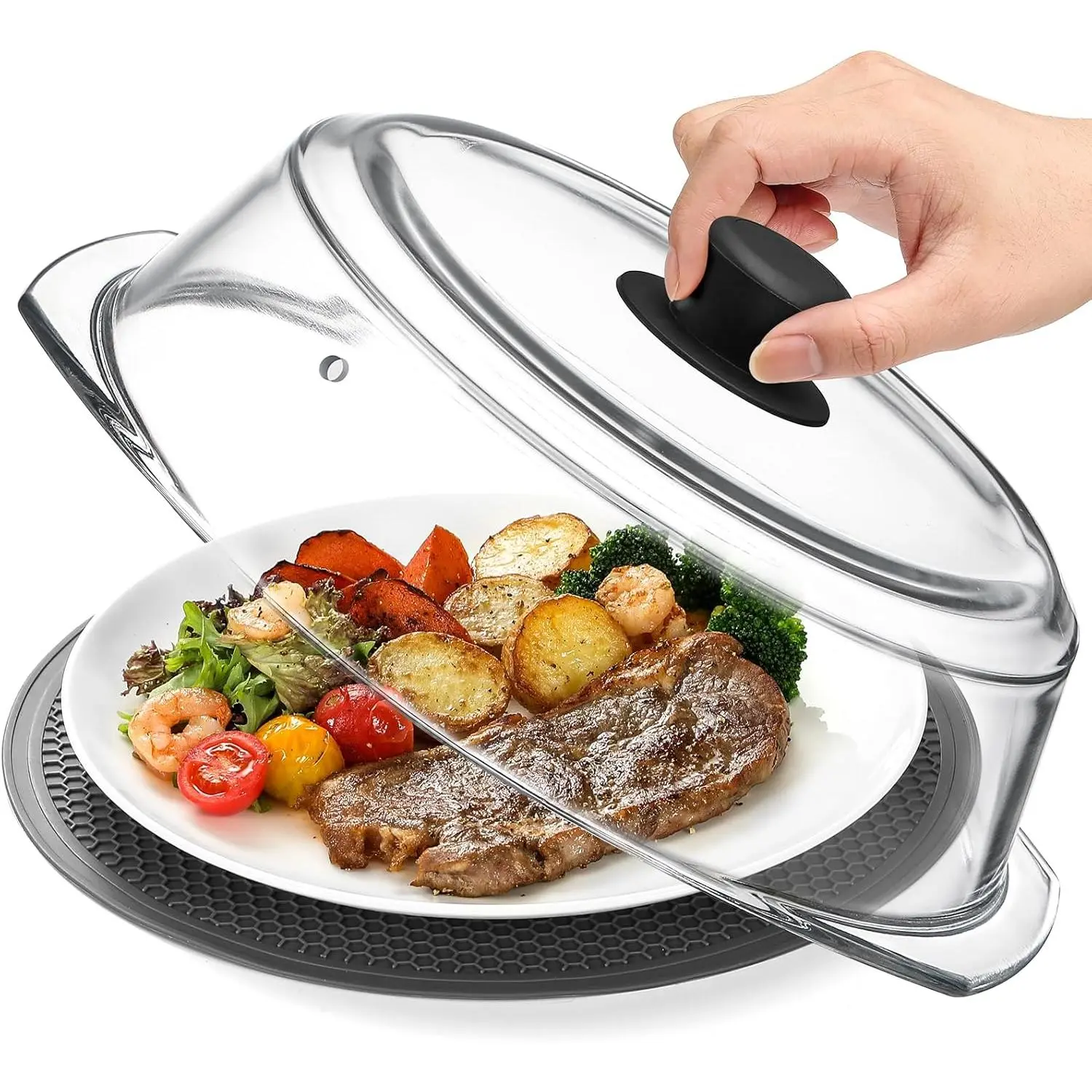 2-in-1 High-Legged Glass Microwave Oven Splash-Proof Cover Suitable for Food and Microwave Oven Placemat, Plate Splash-Proof Cover with Silicone Handle Knob, Cookware and Baking Utensils Serving Plate Cover, Food-Grade Material, Plastic-Free, 10inch