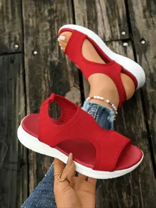 Women's Spring Summer Fashion Soft Knit Breathable Thick Sole Sandals, Casual Large Size Beach Shoes, Lightweight Comfortable Fish Mouth Slippers