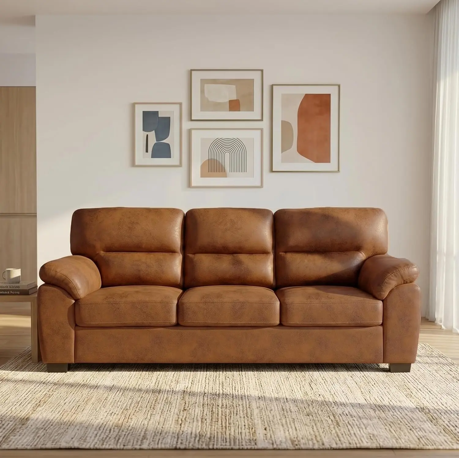 81" Modern 3-Seater Sofa for Living Room, Foil Fabric Upholstered with Padded Armrests and Triangular Legs, Comfortable Cushions for Apartment,Light Brown