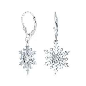 Frozen Winter Drop Dangle CZ Star Snowflake Earrings Sterling Silver Leverback