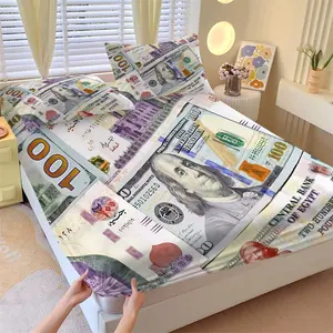 3-Piece Money Patterned Fitted Sheet Set,100 US dollars, Cash, USD Printed Bedding Set, Bedsheet Sets ,Suitable for Those Who Love Money for Bedroom Decoration. The Material Is Soft, Breathable, and Comfortable, Including 1 Fitted Sheet and 2 Pillowcases