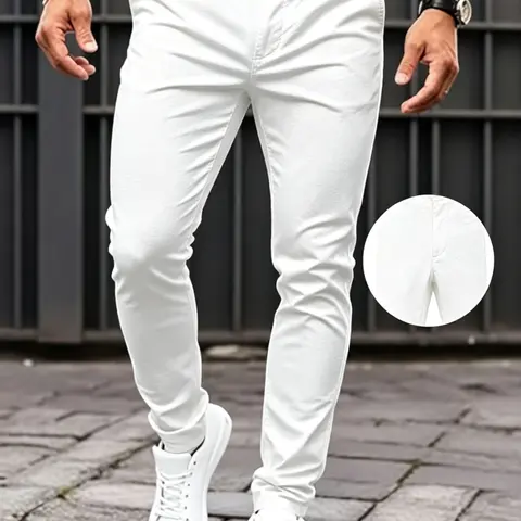 Men’s white stretch slim-fit jeans, high-stretch breathable denim pants, regular waist straight-leg trousers for business casual and everyday wear