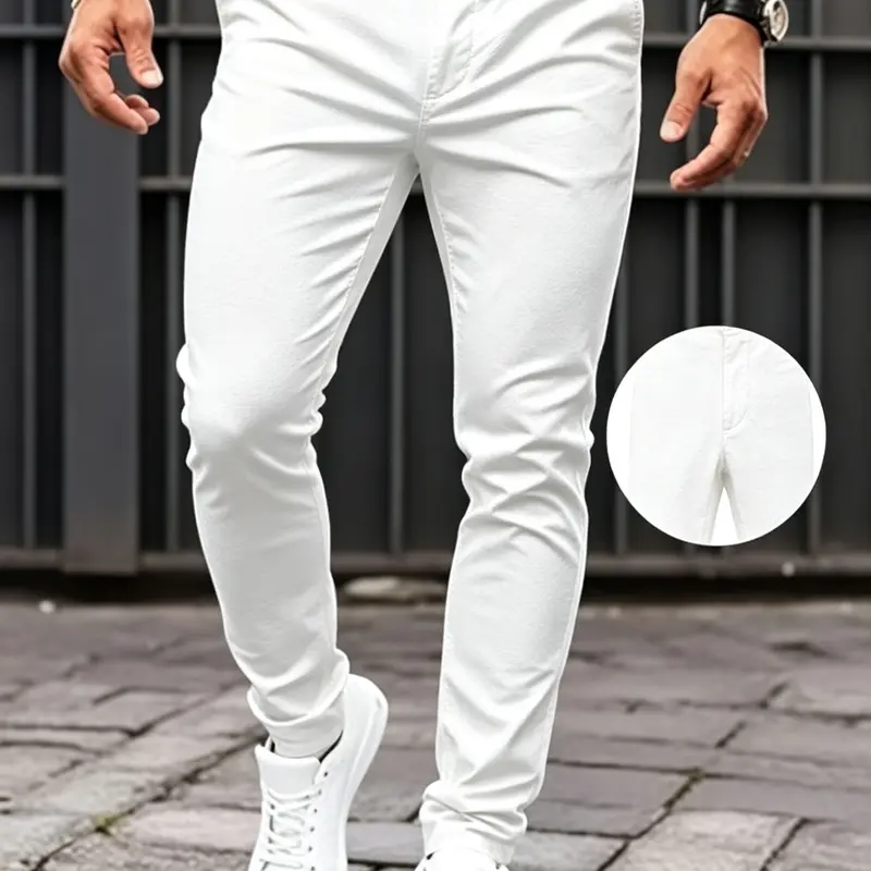 Men’s white stretch slim-fit jeans, high-stretch breathable denim pants, regular waist straight-leg trousers for business casual and everyday wear