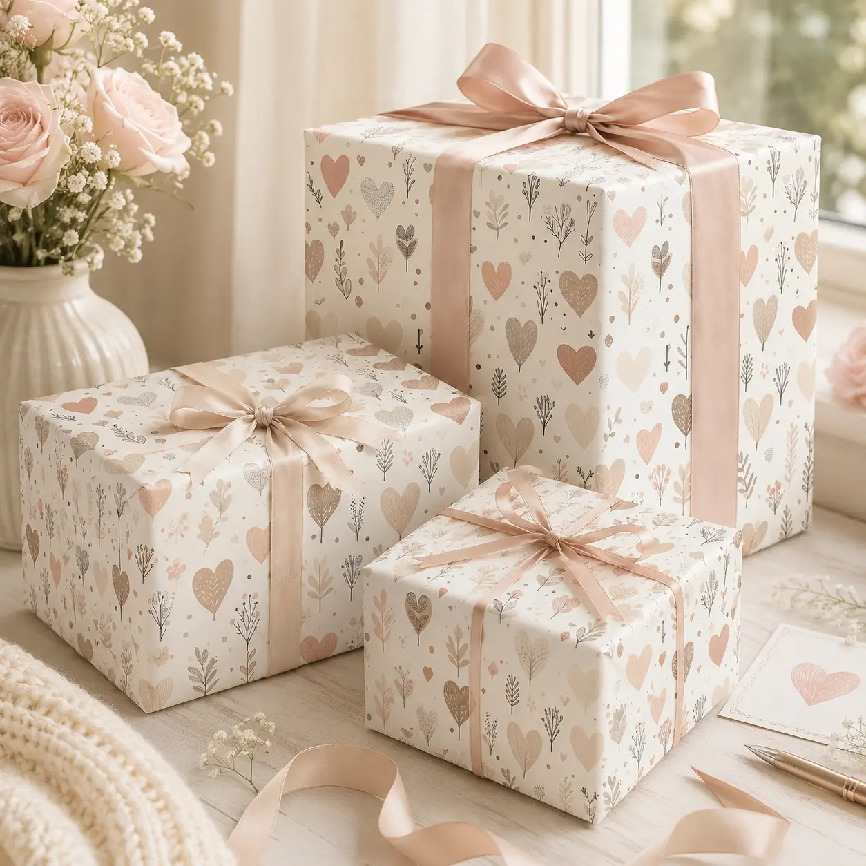 Boho Neutral Hearts Gift Wrapping Paper Sheet - Earthy Watercolor Botanical Leaf Pattern Wrap for Valentine Engagement Anniversary