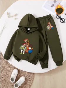 Boys' Fall Winter Fleece Hoodie Set, Toy Story Print, Cartoon Jogger Pants, Casual Style, Perfect Gift for Kids
