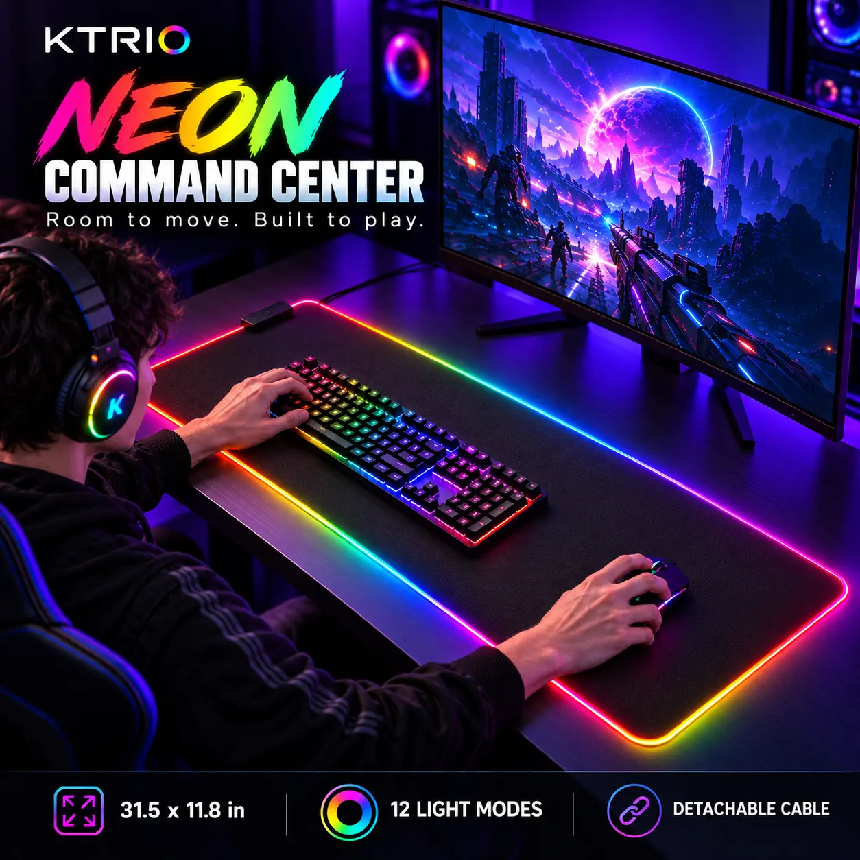KTRIO RGB Gaming Mouse Pad, 31.5 x 11.8 in Extended Desk Mat with 12 Lighting Modes, Micro-Weave Cloth Surface, Non-Slip Rubber Base, Stitched Edges, Water-Resistant Large Mouse Pad for PC Gaming & Desk Setup