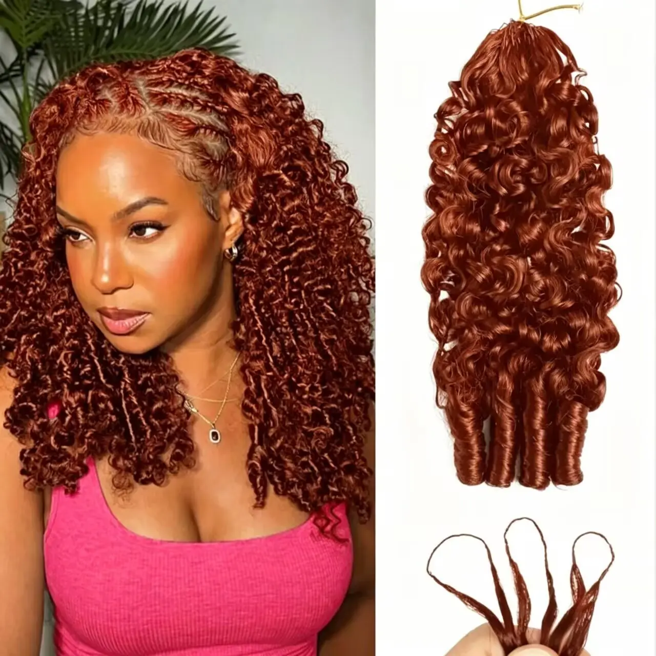 [NEW COLOR] Burmese Curly Reddish Brown Color Crochet Hair Human Hair Extensions Miracle Knots Pre-Separated 50g/Pack (32-38 Strands Per Pack）– Knotless Boho Braids, 4-5 Packs for Full Head, Multiple Curly & Wave Textures Protective Hairstyles For Women s