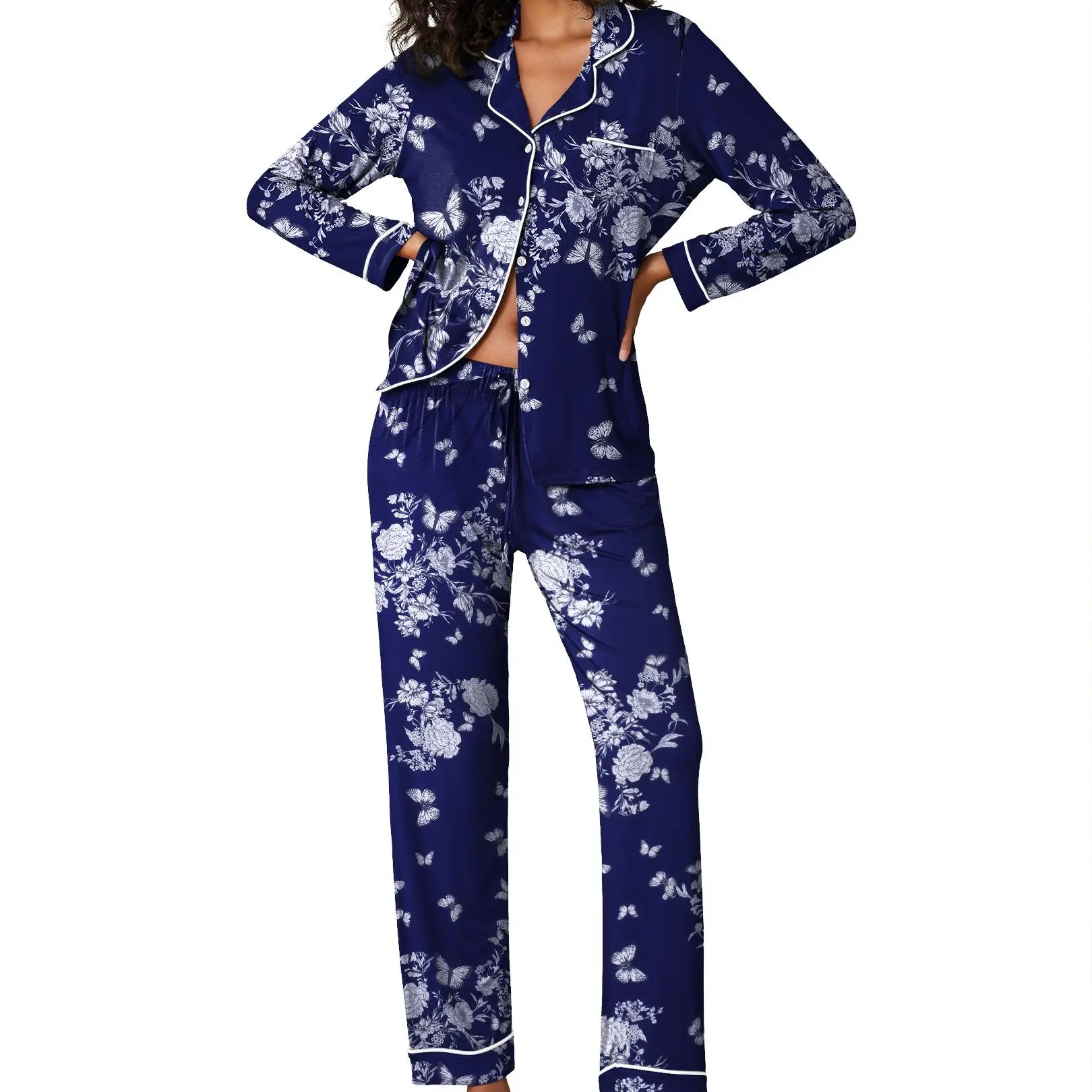 Floral47 - Navy With White