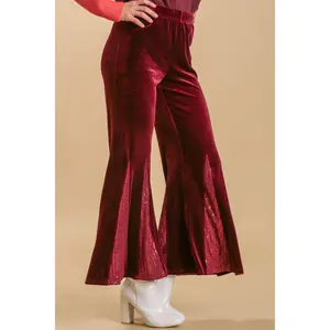 Umgee Full Size Sequin Elastic Waist Velvet Stretch Flare Leg Pants Plus Size