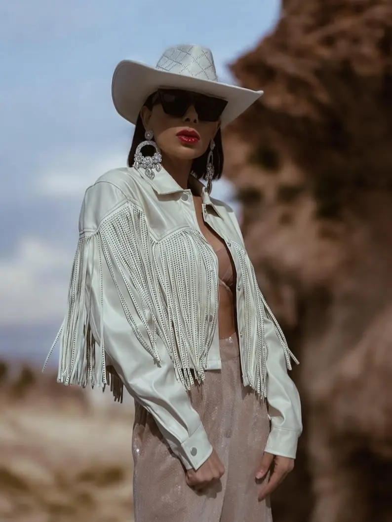 Faux Leather Western Fringe Jacket with Rhinestone Fringe for Cowgirl Festival Costume Boho Bride Rhinestone Jacket Casual Coats
