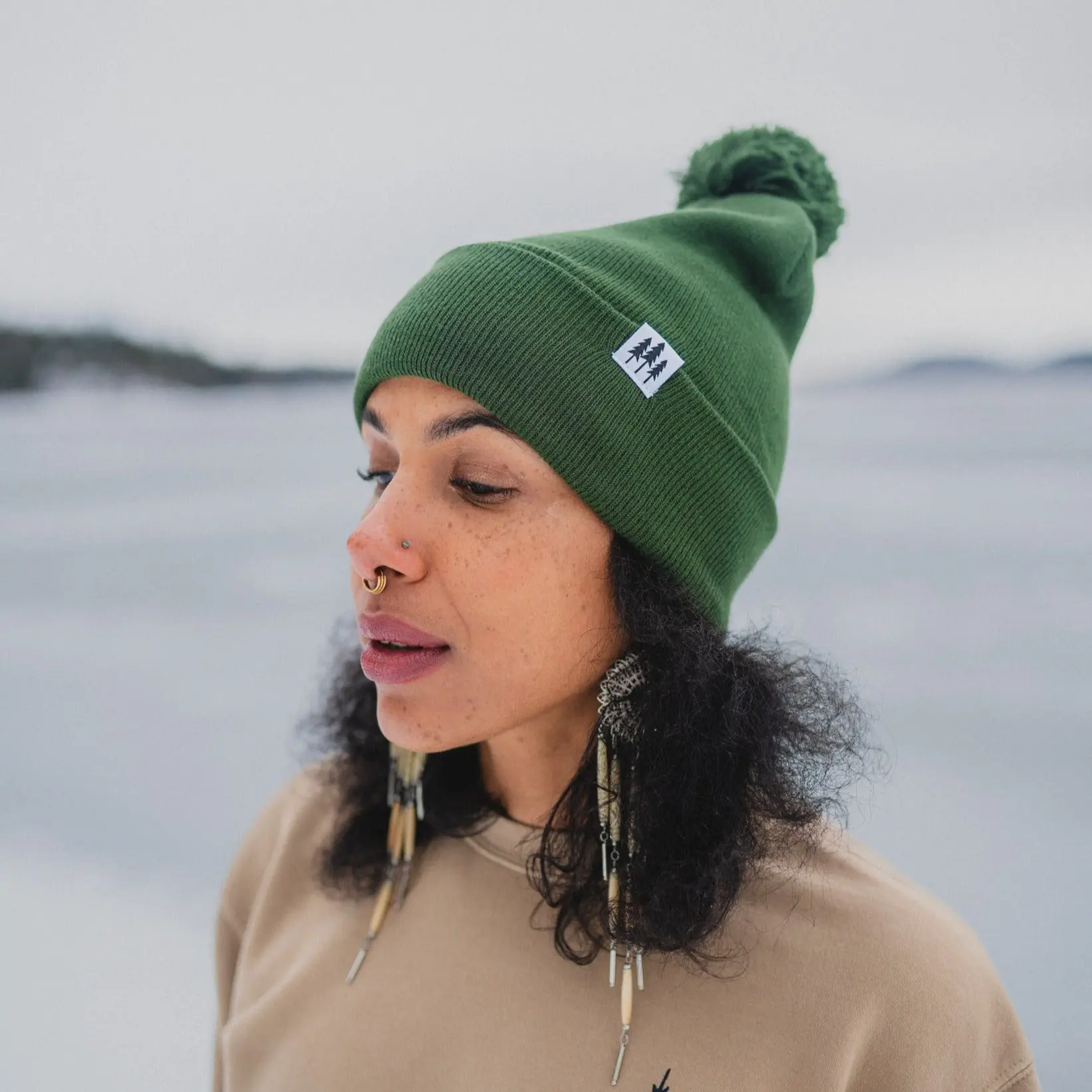Three Tree Foldover Pom Beanie - Forest Green