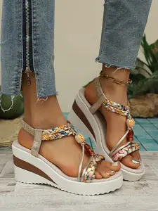 Women's Thick Sole Wedge Sandals, Toe Loop Design, Ankle Strap, Comfortable Summer Style, Non-Slip Sole, Ideal for Summer