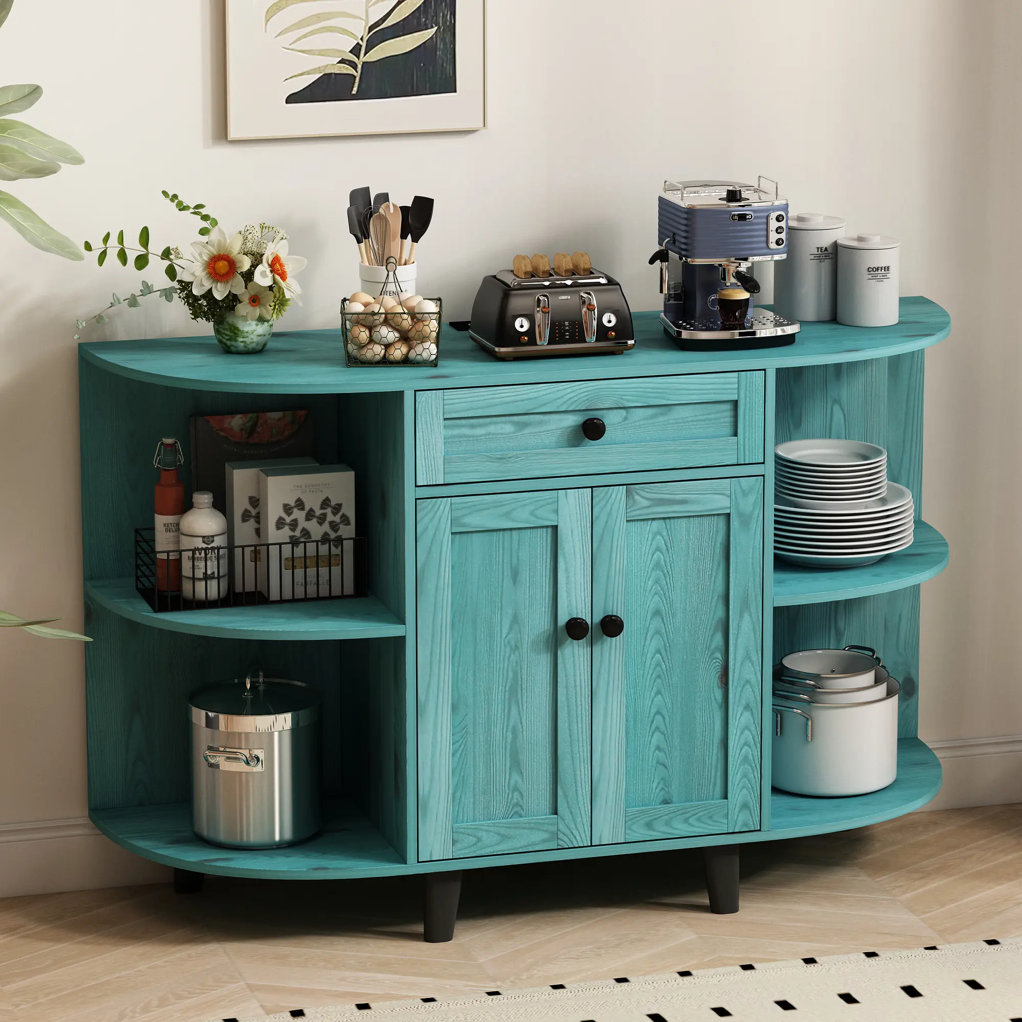 NAIYUFA Sideboard Buffet Cabinet with Power Outlet,Freestanding Kitchen Cabinet with Storage, Vintage Blue floating  shelves