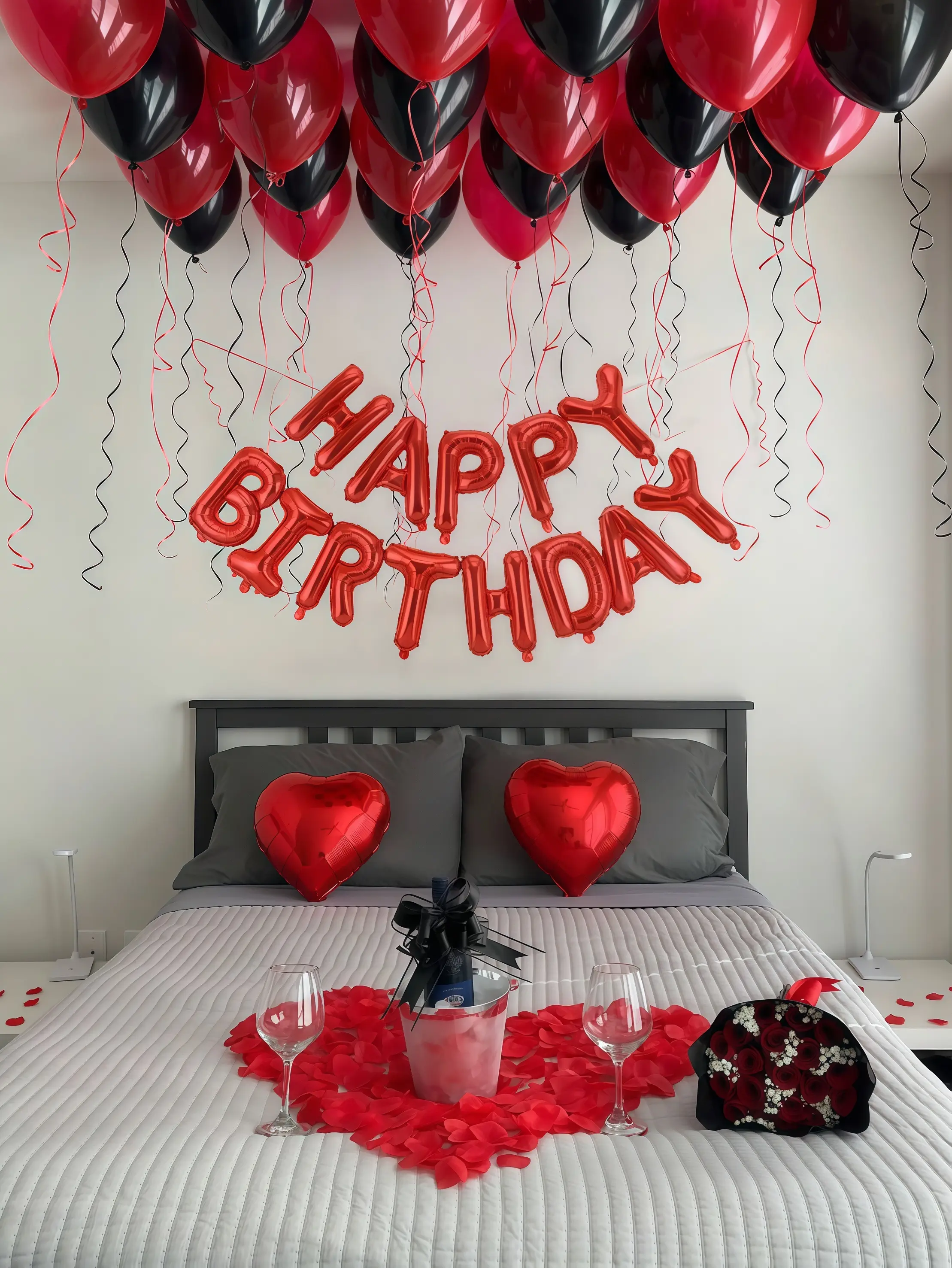 Red & Black Birthday Balloon Set – 16" "HAPPY BIRTHDAY" Foil Letter Balloons, Red & Black Latex Balloons, 18" Heart-Shaped Foil Balloons | Romantic Party Decorations for Birthday & Anniversary