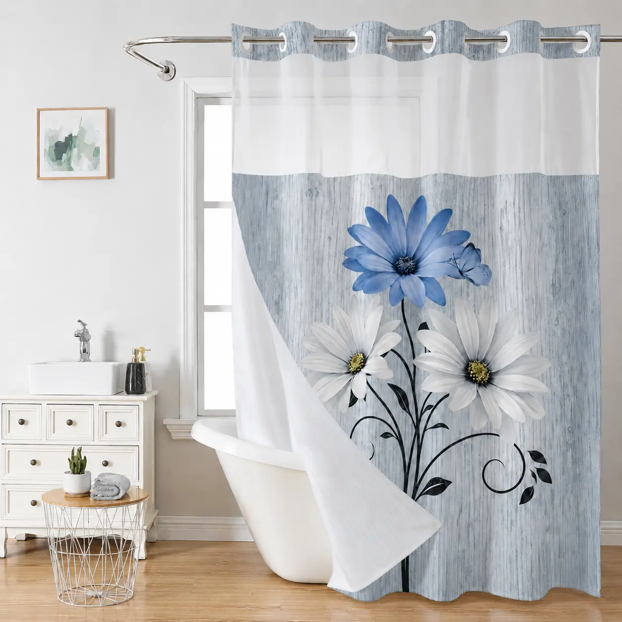 No hooks double-layer shower curtain, Daisy printed waterproof fabric, retro country style home decoration, hotel, dormitory and bathroom accessories, 72x75in