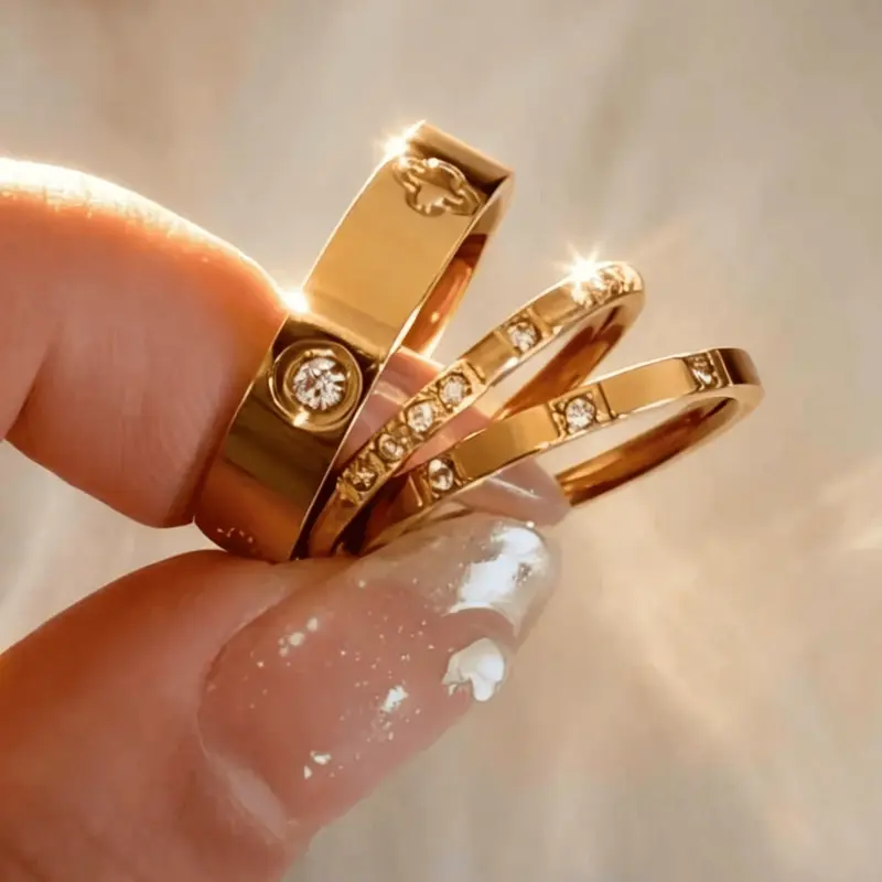 3 Pcs Rhinestone Square Rings, Jewelry Rings, Beautiful Rings, Fashionable Luxury Design, Elegant Casual Ring, Waterproof, Durable Stainless Steel, Perfect for Daily Wear, Rhinestone Ring Set