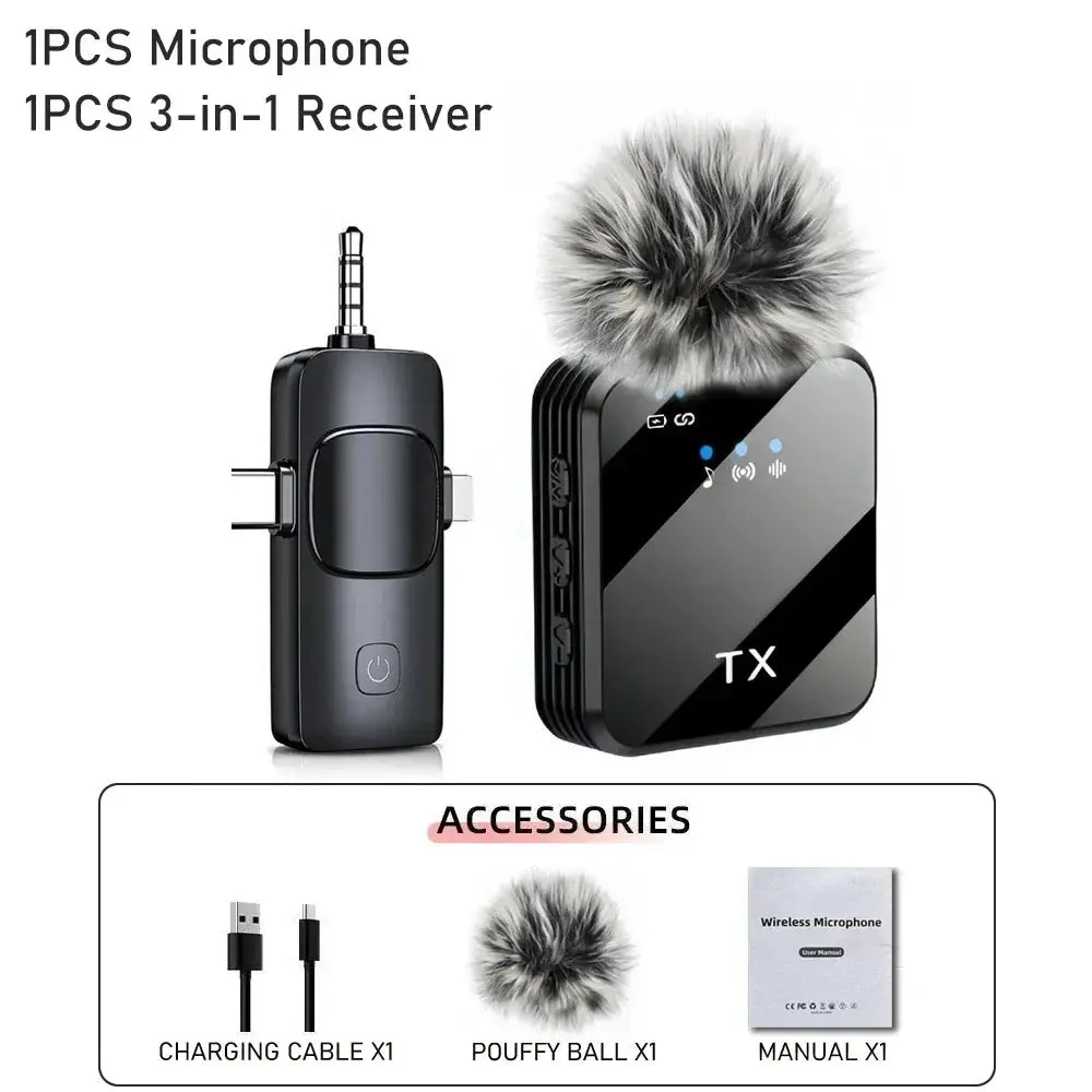 3-in-1 Plug-and-Play Wireless Clip-On Lavalier Condenser Microphone - Noise Reduction, Fast Charge, Crisp Audio for Camera, iOS/Android Smartphones - Ideal for Podcast Setup, Video Recording, 3-In-1 Receiver
