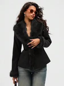 Women's Fashionable Commuter Fuzzy Patchwork Coat, Autumn/Winter,Fall Black Regular With Furry Trim, A-Line Silhouette, And Stylish Night Elegant