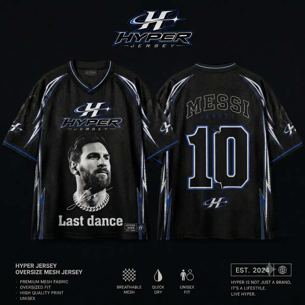 HYPER JERSEY Messi #10 "Last Dance" Oversize Mesh Jersey – Premium Y2K Streetwear Graphic T-Shirt, Breathable V-Neck Vintage Soccer Sportswear Apparel for Men & Women (Black & White Edition)
