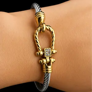 Luxury Two-Tone Cable Bangle – 18K Gold Ion Plated Stainless Steel with CZ Accent