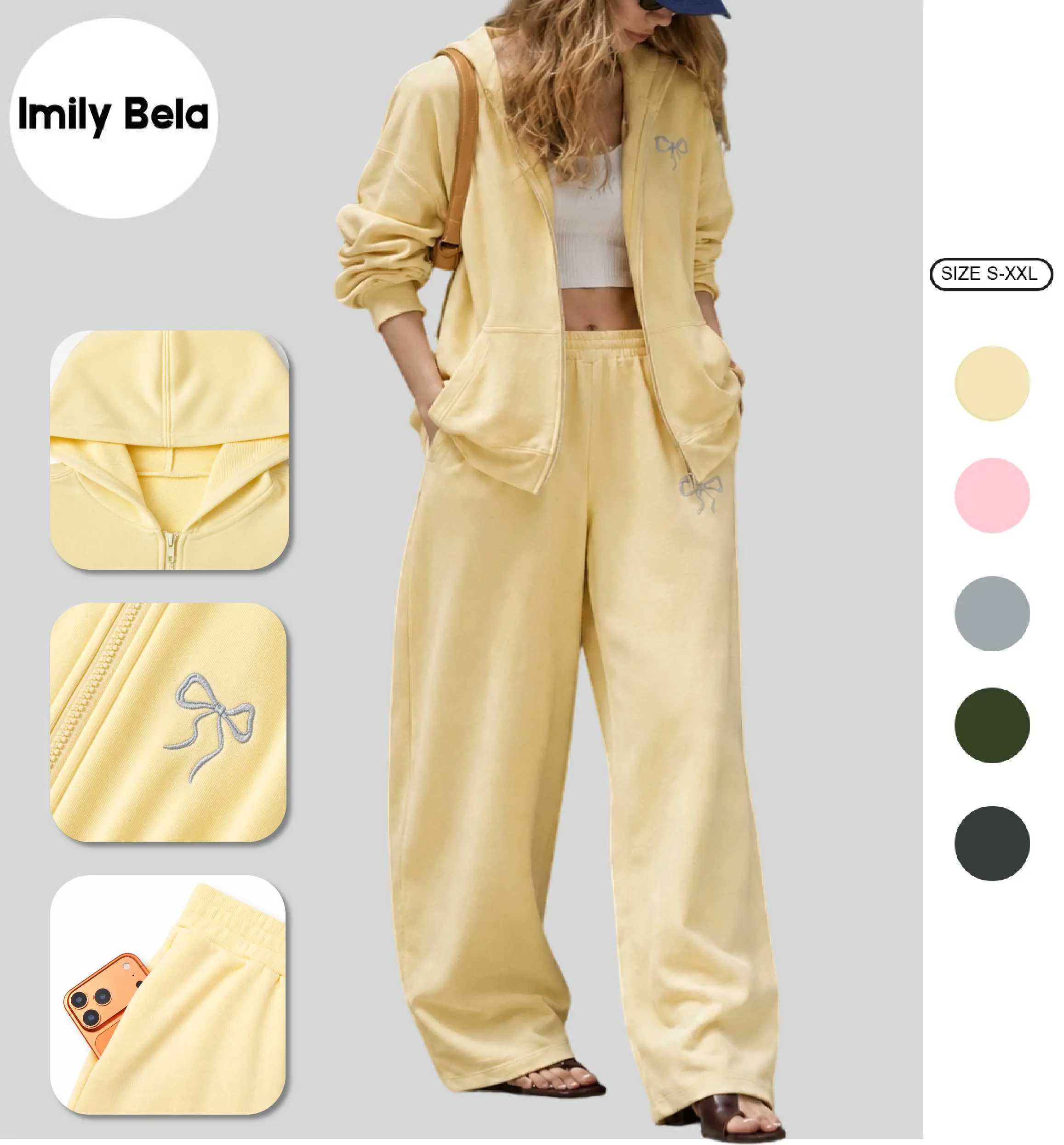 Imily Bela Womens 2 Piece Sweatsuit Set Bow Embroidered Zip Up Hoodie & Wide Leg Sweatpants Oversized Fleece Lounge Set Casual Fall Outfits