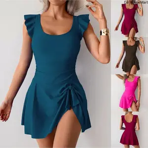 Women's Plus-Size 1-Piece Skirted Bathing Suit, High Waist Tummy Control Swimwear, Flattering Cut for Curvy Figures, Beach Vacation Use, High Waist Swimwear
