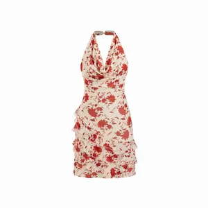 Cider Chiffon Floral Halter Neck Tiered Mini Dress