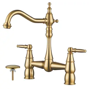 WOWOW Brushed Gold Bridge Centerset Kitchen Faucet, 2 Hole Brass Kitchen Sink Faucet Vintage Farmhouse Deck Mount Kitchen Sink Faucet for Two Handle