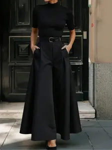 Women's High Waist Wide Leg Pants, Vintage Style Ruched Design, Office Commute Casual Wear, All-Season Versatile Long Pants