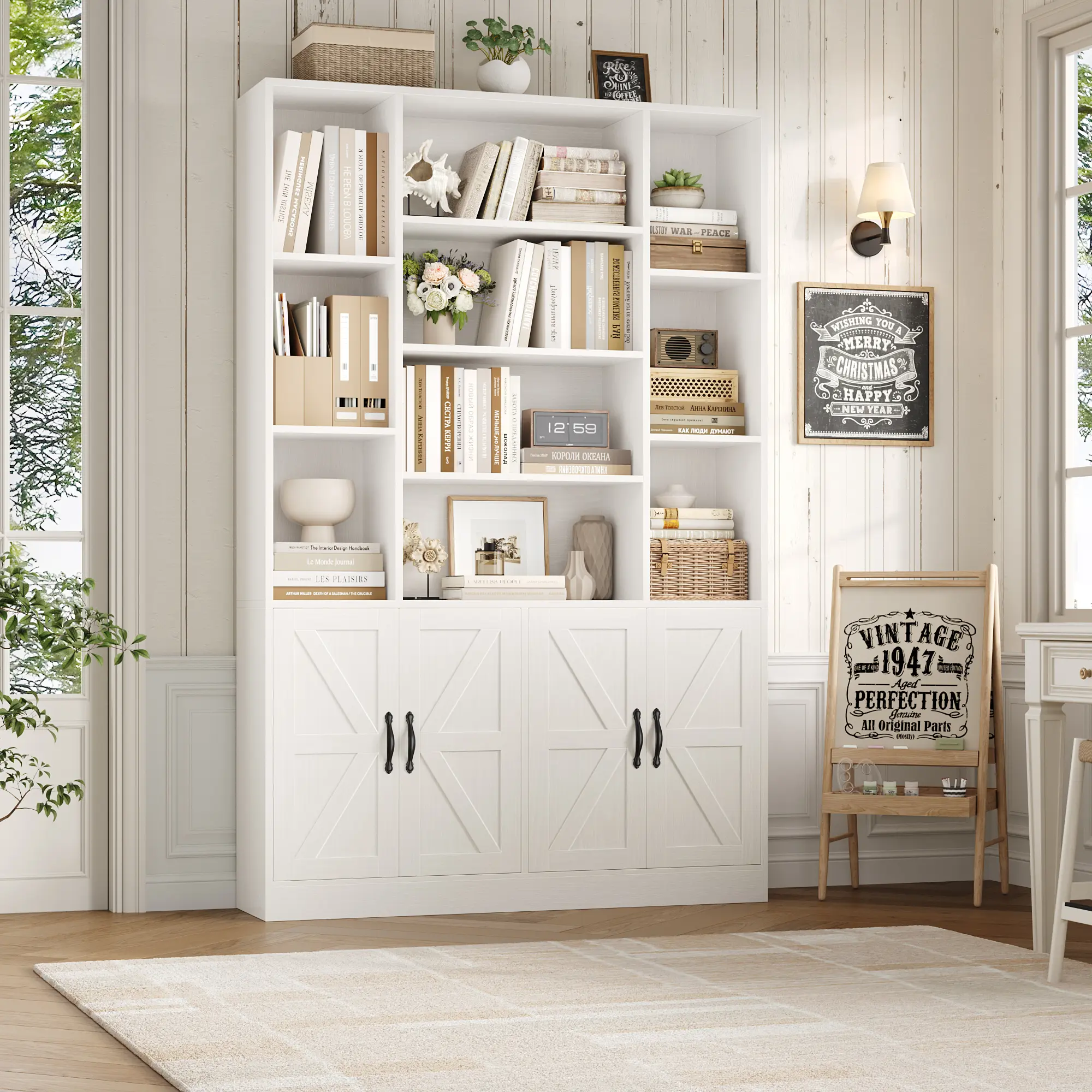 HOSTACK 75” Tall Modern Farmhouse Bookcase with 4-Door Storage Cabinet, Standing Display Shelves, Living Room Organization Furniture