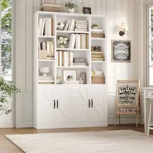 HOSTACK 75” Tall Modern Farmhouse Bookcase with 4-Door Storage Cabinet, Standing Display Shelves, Living Room Organization Furniture