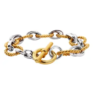 RYQEN Two-Tone Toggle OT Clasp Luxury Statement Bracelet Gold & Silver Stainless Steel Heart Charm Unisex Gen Z Chic Vintage-Modern Durable Comfort Fit Jewelry Christmas Gift